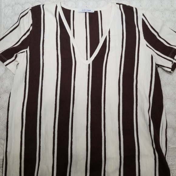 Zara Trafaluc textured knit midi shift dress brown ivory size L vertical stripes - Picture 7 of 7